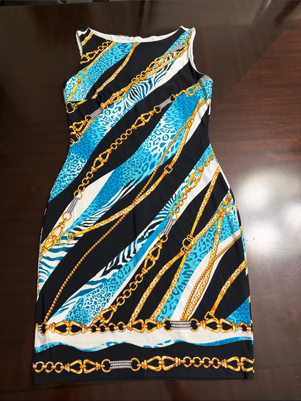 Cache Black, Turquoise & Gold Chain-Print Mini Dress